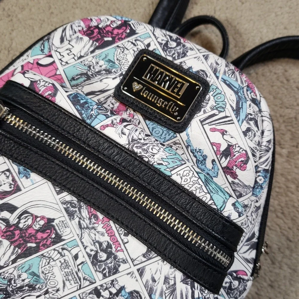 Loungefly Marvel Mini Backpack White Comics AOP Hulk Iron‎ Man Spiderman Cartoon